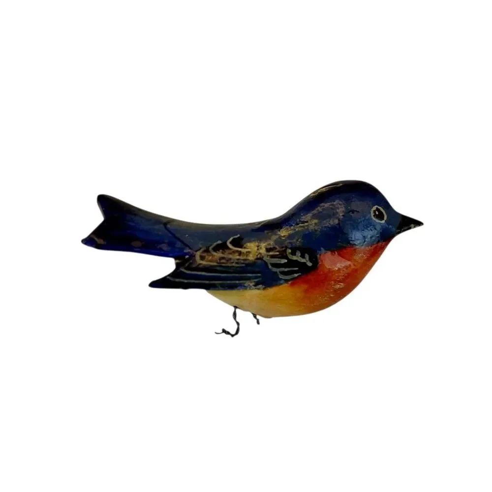 Wood Hand Painted Blue Bird Pin Brooch 1.75 ” Takahashi Style Vtg Unmarked